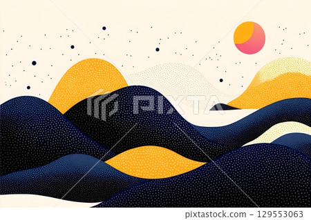 A serene minimalist landscape featuring stylized mountains hills and a vibrant sunset or sunrise created with a playful retro risograph inspired aesthetic and swirling geometric patterns 129553063
