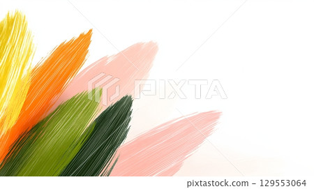 A vibrant abstract composition featuring a dynamic mix of retro inspired triangles in a variety of bold saturated colors alongside textured brush strokes 129553064
