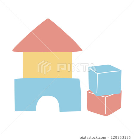 A cute illustration of red, yellow, and light blue building blocks lined up 129553155