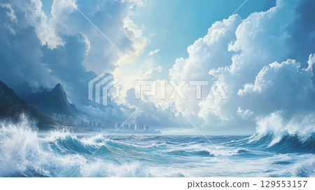Blue sky, choppy sea, and a distant city 129553157