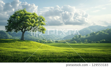 A single tree standing in a lush green meadow 129553183