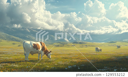 牛群在草地上吃草的場景。 牛群在草地上吃草的場景。 129553212