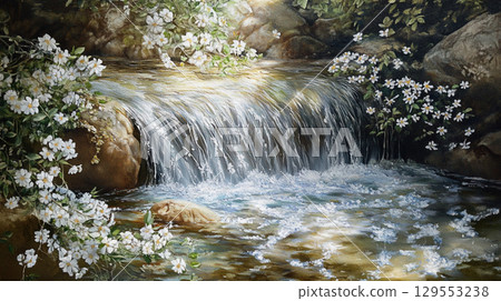 A small waterfall and clear stream with white flowers blooming 129553238