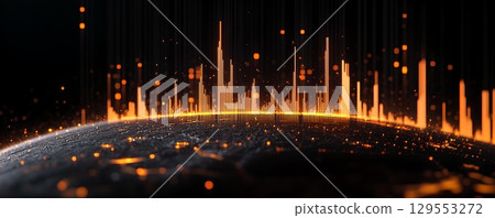 A striking futuristic cityscape with a dazzling display of glowing lights towering skyscrapers and a dynamic digital landscape conveying a sense of technological progress and innovation 129553272