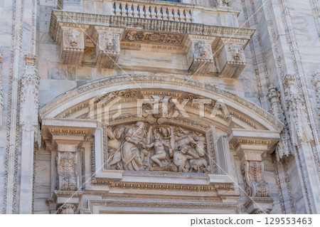 Church Milan Cathedral Duomo di Milano. Gothic architecture tourist attraction on piazza in Milan Lombardia Italy Church Milan Cathedral Duomo di Milano. Gothic architecture tourist attraction on piazza in Milan Lombardia Italy 129553463