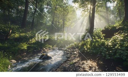A lush forest with sunlight filtering through the trees 129553499