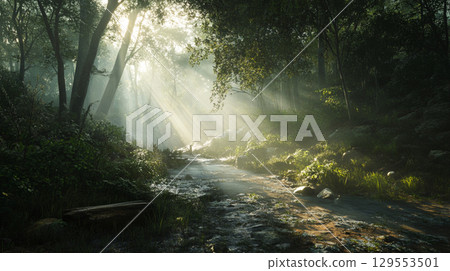 陽光透過樹木照射的美麗森林風景 129553501