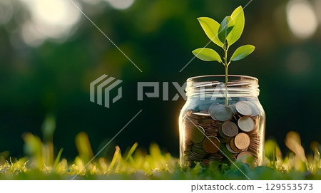 A seedling sprouting from a jar filled with coins symbolizes how sustainable investment and financial growth can nurture a better future 129553573