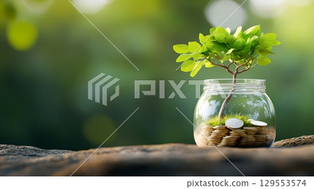A small green plant sprouts from a glass jar filled with coins sitting on a rustic wooden table with a blurred natural background symbolizing the growth of financial investments and savings A small green plant sprouts from a glass jar filled with coins sitting on a rustic wooden table with a blurred natural background symbolizing the growth of financial investments and savings 129553574