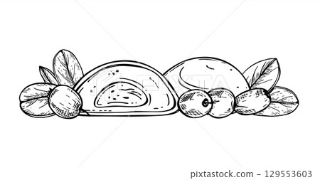 Mochi with lingonberry and blueberry vector isolated illustration. Japanese rice sweet dessert with berries etching drawing. Half of candy with creamy for Asian packaging, dessert menu, vegan food. 129553603