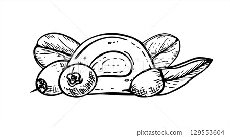 Berry halved mochi rice cake vector isolated illustration. Japanese daifuku with cranberries etching drawing. Cutting wagashi with creamy for dessert packaging, vegan food decor, confectionery design Berry halved mochi rice cake vector isolated illustration. Japanese daifuku with cranberries etching drawing. Cutting wagashi with creamy for dessert packaging, vegan food decor, confectionery design 129553604