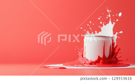 Dynamic Splash: White and Red Paint Explosion from a Can on a Vibrant Red Background 129553616
