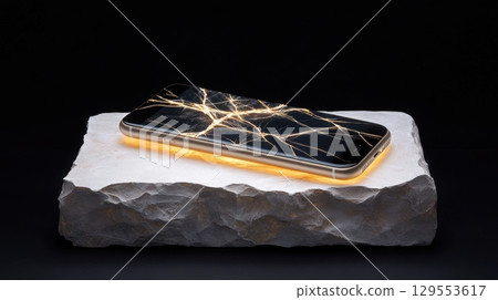 A smartphone with a shattered screen displaying glowing cracks, placed on a rough stone surface with a dark background 129553617