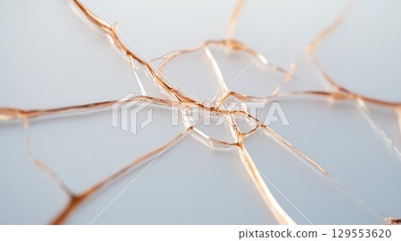 Close-Up of a Shattered Glass Surface with Intricate Crack Patterns and Reflective Edges 129553620