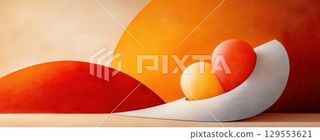 Abstract art featuring two spheres, one red and one yellow, resting on a white curved surface against a gradient orange and red background 129553621