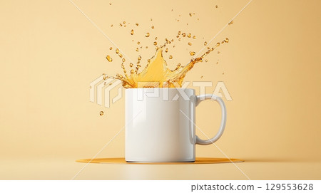 White Mug with Splashing Golden Liquid on a Yellow Background. 129553628
