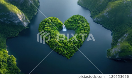 Aerial View of Heart-Shaped Island with Waterfall in Lush Green Forest 129553656