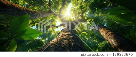 Sunlight Filtering Through Tall Trees in a Lush Forest, Capturing the Essence of Nature's Beauty 129553670