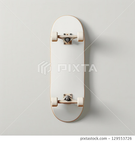 White skateboard deck with trucks and wheels on a white background. 129553726
