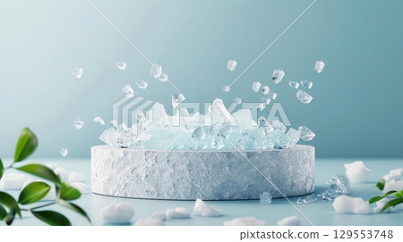 3D podium with ice texture, cold tones, detailed, isolated 129553748