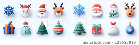 Set of Christmas, New Year emoji blue snowflake, Santa Claus, deer, snowman, gift bag, Christmas tree, New Year ball isolated on white background. Web design element for chat, talk and messages 129553819