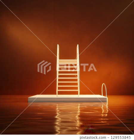 A lone ladder on a floating platform in a pool of glowing orange water.  The ladder is the only source of light.  Minimalist and surreal. 129553845