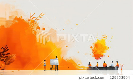 Watercolor illustration of people enjoying autumn with vibrant foliage and a tree 129553904