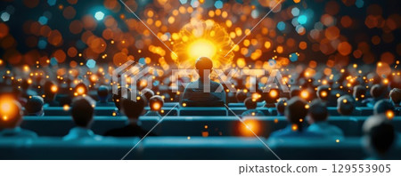 Silhouette of a person in a crowd of blurry figures with glowing lights. 129553905