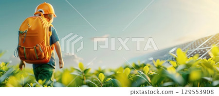 Child walking in field with backpack, sunny day, green plants Child walking in field with backpack, sunny day, green plants 129553908
