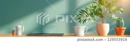 Playful home workspace with a cartoon-style plant on the desk, vibrant colors, soft textures, cozy atmosphere 129553919