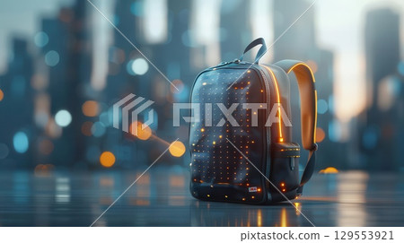 Futuristic backpack with solar panel and glowing lights. 129553921