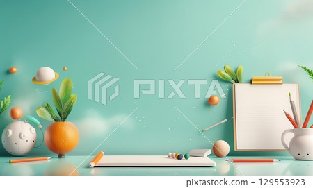 Blank canvas mockup on a green background with stationery and 3D objects. Perfect for design presentations. 129553923