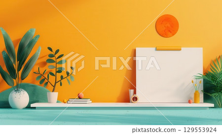 Minimalist mockup with blank canvas, plants, and bright colors. 129553924