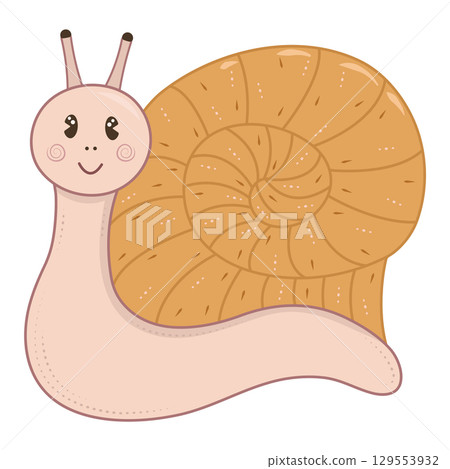 Cute and happy single snail, vector color illustration with elements of boho and groovy style Cute and happy single snail, vector color illustration with elements of boho and groovy style 129553932
