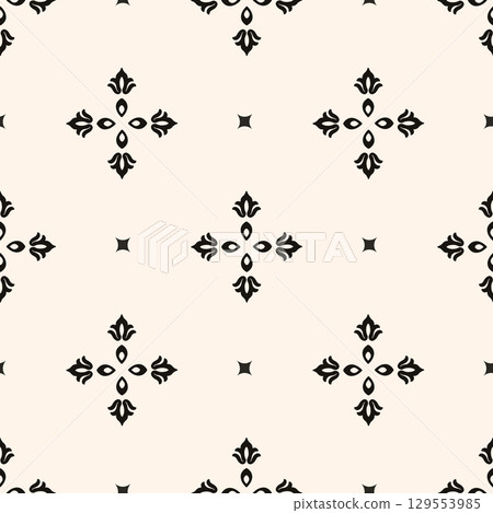 Vector black and white floral seamless pattern. Abstract minimal geometric ornament with flowers in oriental style. Simple monochrome background. 129553985