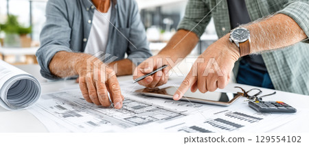 Two professionals discussing business plan while reviewing architectural blueprints and using tablet for collaboration 129554102