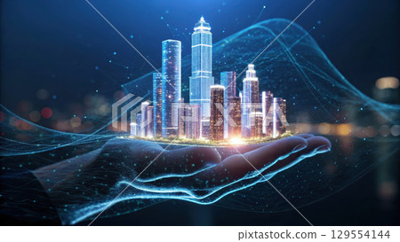 futuristic cityscape representing real estate growth is held delicately in hand, symbolizing innovation and development futuristic cityscape representing real estate growth is held delicately in hand, symbolizing innovation and development 129554144