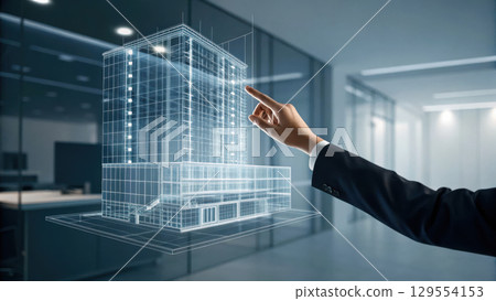 image showcases professional pointing holographic representation of modern building, symbolizing real estate growth image showcases professional pointing holographic representation of modern building, symbolizing real estate growth 129554153
