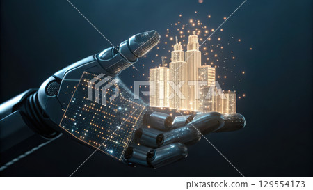 robotic hand showcases glowing city skyline symbolizing real estate growth and innovation in urban development 129554173