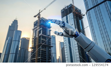 image showcases robotic hand reaching out towards construction site, symbolizing integration of technology real estate growth 129554174
