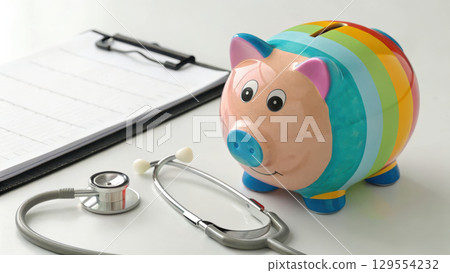 colorful piggy bank symbolizes health insurance concept, emphasizing importance of saving for medical expenses 129554232