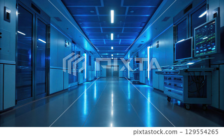 modern hospital corridor with blue lighting creates serene atmosphere, emphasizing health and insurance concepts 129554265
