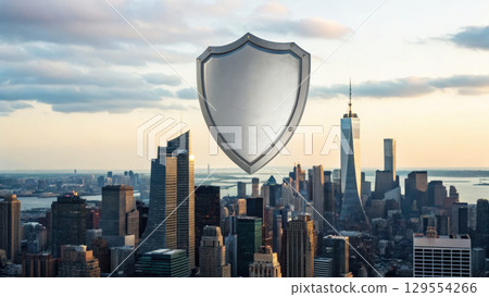 visual representation of health insurance concept with shield symbolizing protection over city skyline 129554266