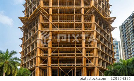 stunning construction in industry showcases innovative bamboo scaffolding, highlighting sustainable building practices 129554355