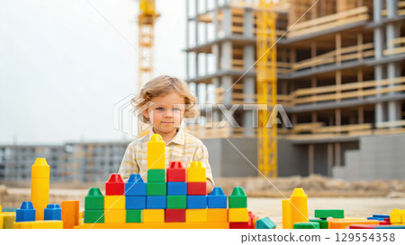 Building creativity in construction industry, child plays with colorful blocks at construction site 129554358