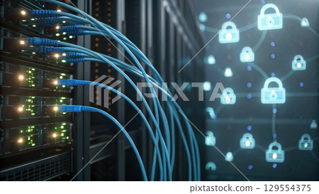 Secure data connections in modern server room highlight importance of cybersecurity service in protecting information 129554375