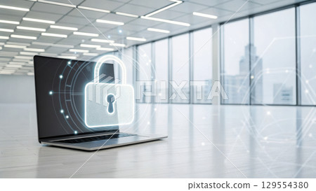 laptop displaying digital lock symbol represents cybersecurity service in modern office environment 129554380