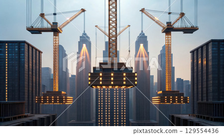 construction industry showcases impressive cranes lifting materials against stunning skyline, highlighting urban development 129554436