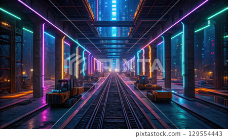 vibrant construction industry scene showcases illuminated pillars and machinery under futuristic urban setting 129554443
