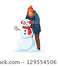 Cheerful winter scene of a person building a snowman with a red scarf 129554506